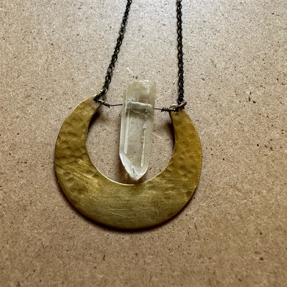 Handmade crescent necklace- hammered brass and quartz - Picture 1 of 2